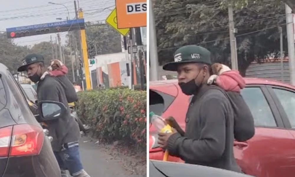 Περού: Εργάτης κουβαλάει μαζί τον σκύλο του ενώ καθαρίζει τζάμια στο δρόμο